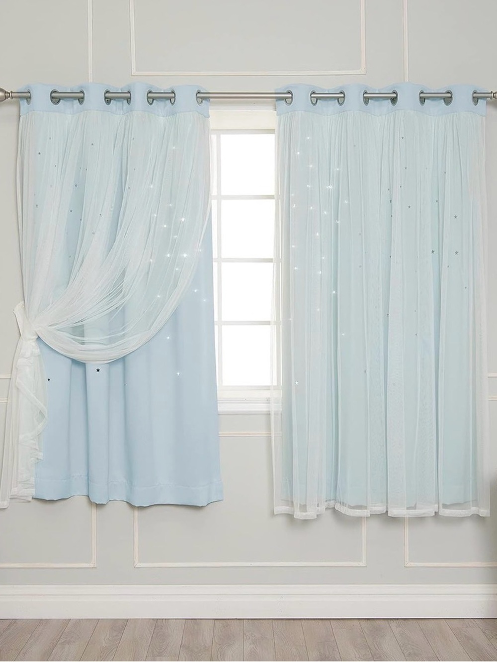63” length light blue blackout curtains with sheer overlay and star cutouts